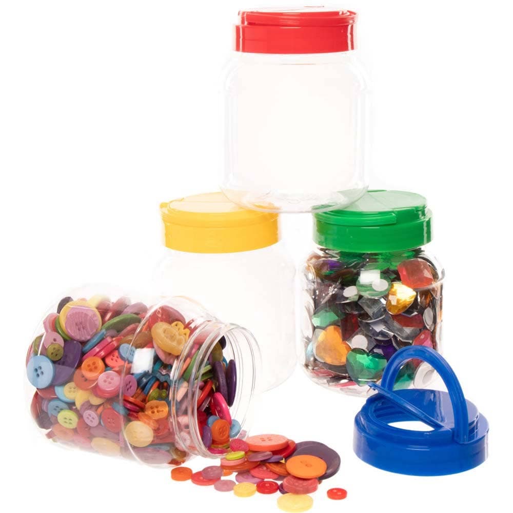 Storage Jars with Coloured Lids & Handles (Pack of 4) Craft Storage 4 lid colours - Blue, Red, Yellow & Green