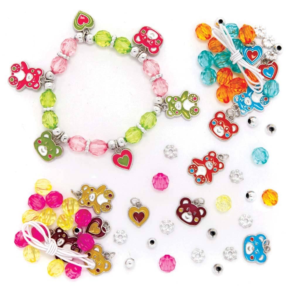 Teddy Bear Charm Bracelet Kits (Pack of 3) Jewellery 3 assorted colourways - Purple/Yellow, Orange/Blue & Pink/Green