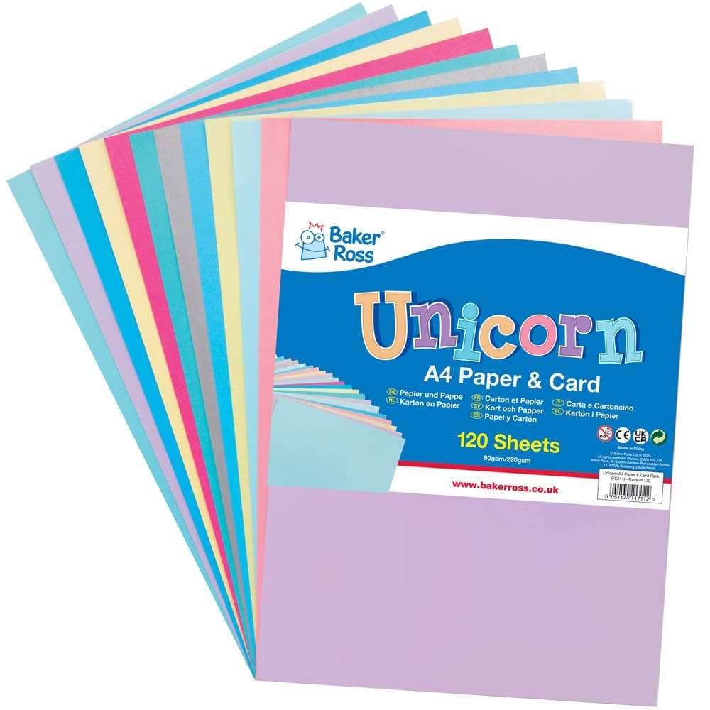 Unicorn A4 Card & Paper Value Pack (Pack of 120) Paper & Card 8 assorted colours - Peppermint, Cornflower, Pink, Lavender, Lemon, Silver, Teal & Dark Pink