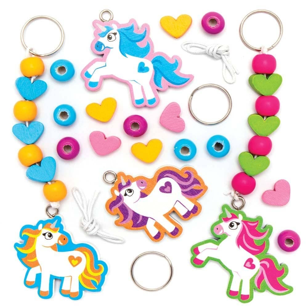 Unicorn Keyring & Bag Dangler Kits (Pack of 4) Craft Kits For Kids 6 assorted bead colours - Green, Orange, Pink, Light Pink, Blue & Purple