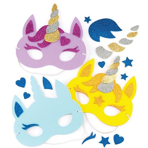 Unicorn Mask Kits (Pack of 4) Foam Craft Kit With Glitter Decorations, 4 Assorted Colours, Elastic Cord Included