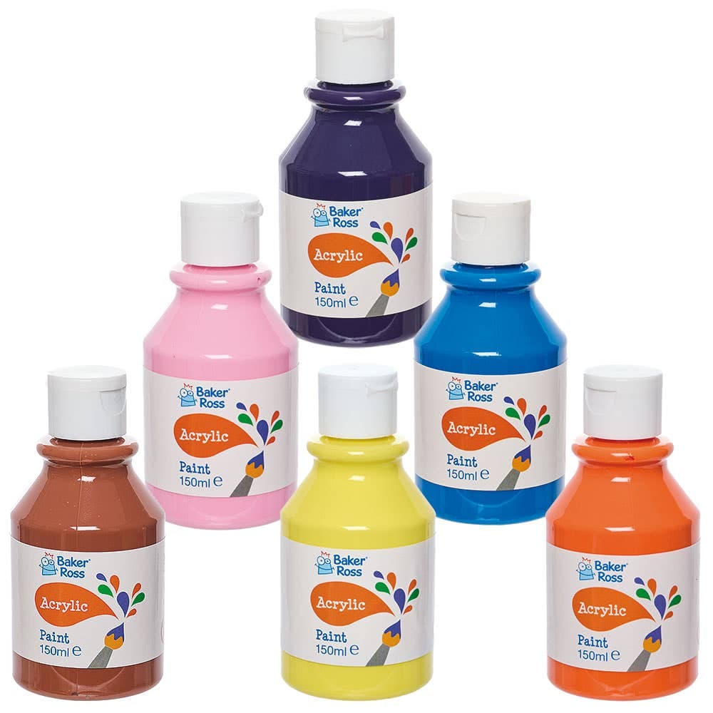 Secondary Colours Acrylic Paints Pack 150ml (Pack of 6) 6 assorted colours - Pink, Yellow, Brown, Blue, Purple & Orange