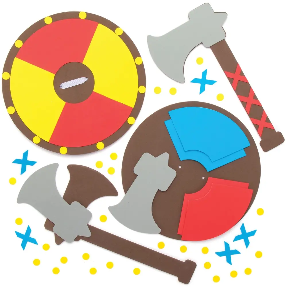 Viking Axe & Shield Kits (Pack of 2) Decoration Craft Kits 2 colourways - Red/Yellow & Blue/Yellow