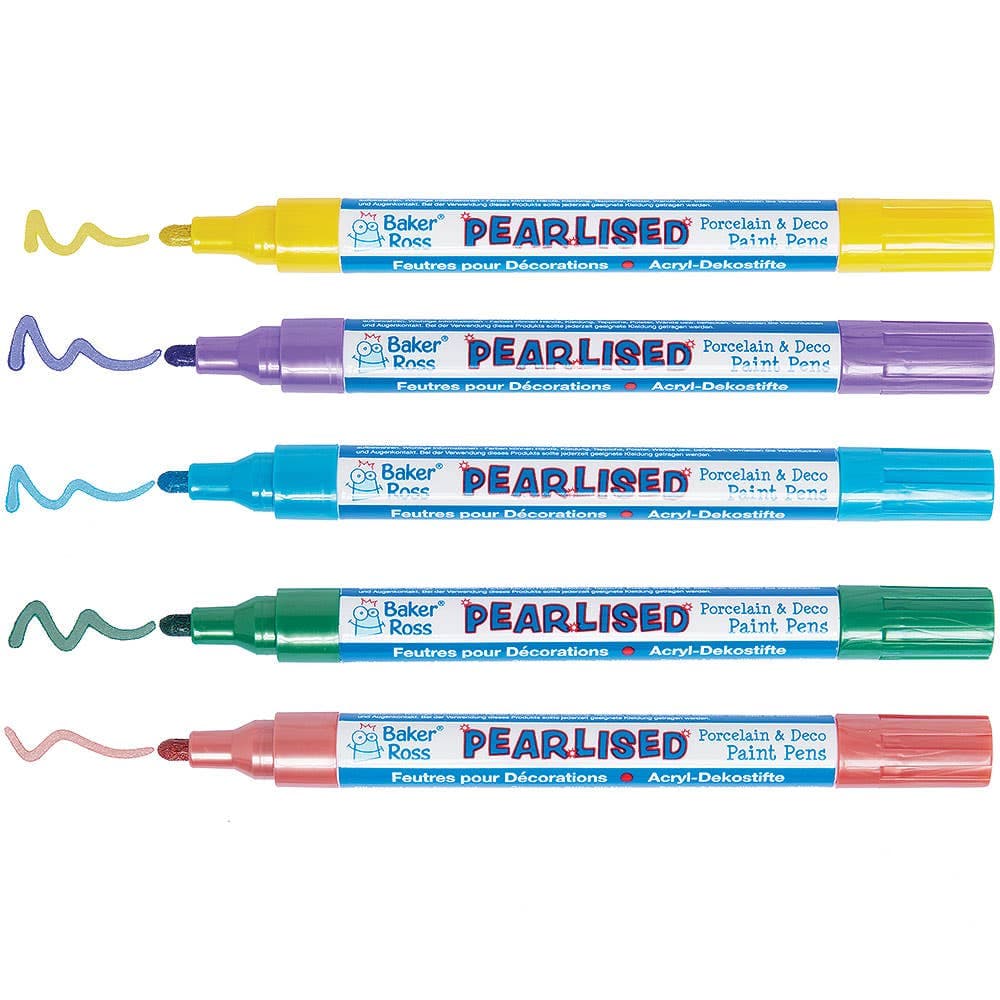 Pearlised Porcelain & Deco Paint Pens Pack A (Pack of 5) 5 assorted pearlised colours - Dark Green, Yellow, Turquoise, Purple & Red
