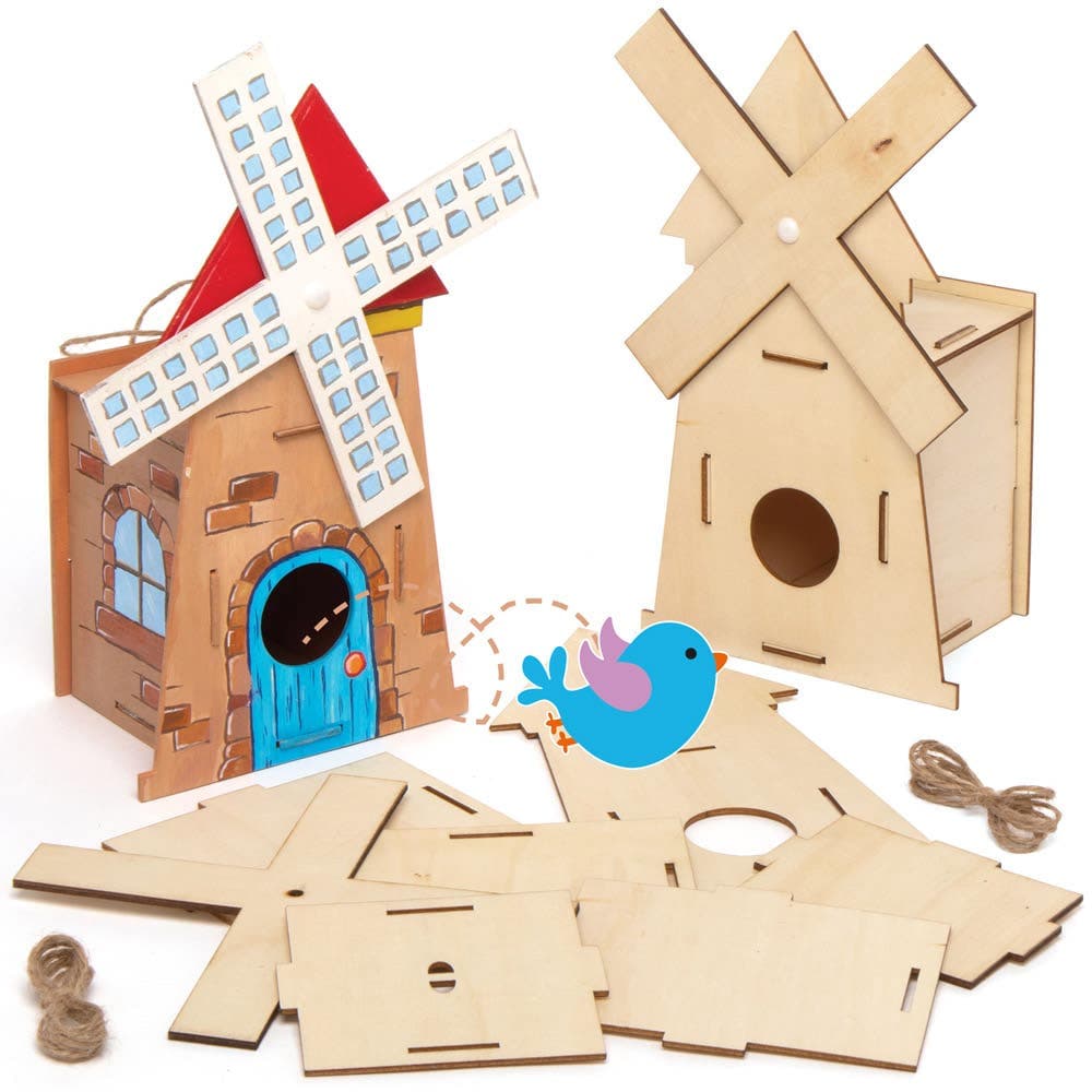 Windmill Wooden Birdhouse Kits (Pack of 2) Nature Craft Kits, Hanging Cord Included, Assemble & Decorate, 22.5cm