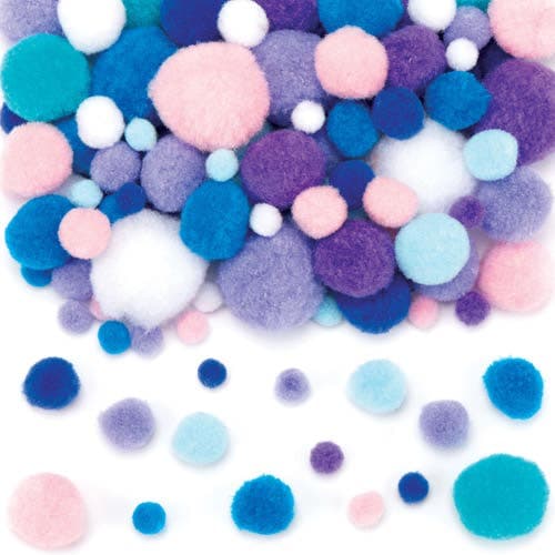 Winter Pom Poms Value Pack (Pack of 200) 8 Assorted Colours, 4 Sizes 10mm-40mm, Pinks, Blues & Purples