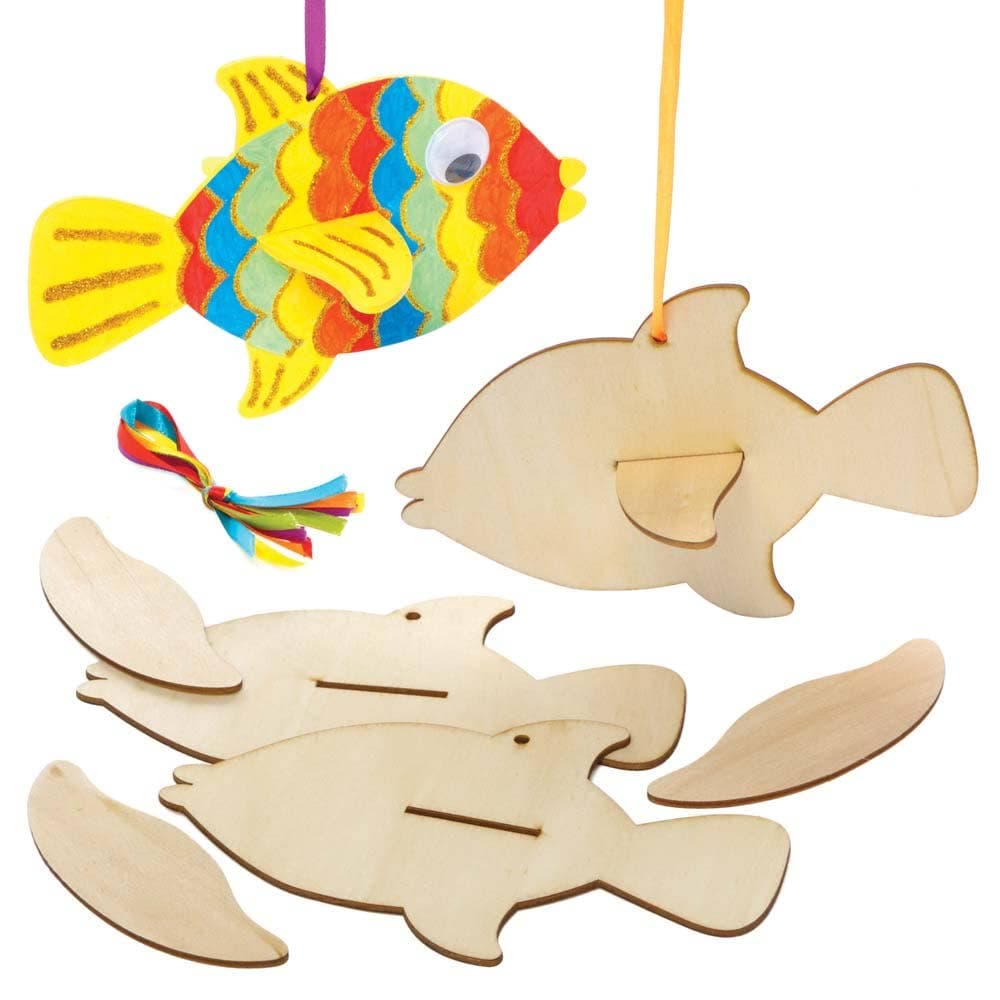 Wooden 3D Fish (Pack of 6) Art Craft Kits, 6 Ribbon Colours - Red, Orange, Yellow, Green, Blue & Purple
