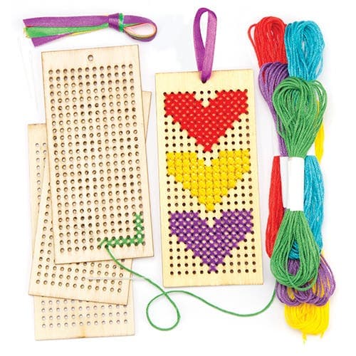 Wooden Bookmark Cross Stitch Kits (Pack of 4) Coloured Ribbon, Thread & Plastic Needles Included, Size Approx 13cm x 6cm