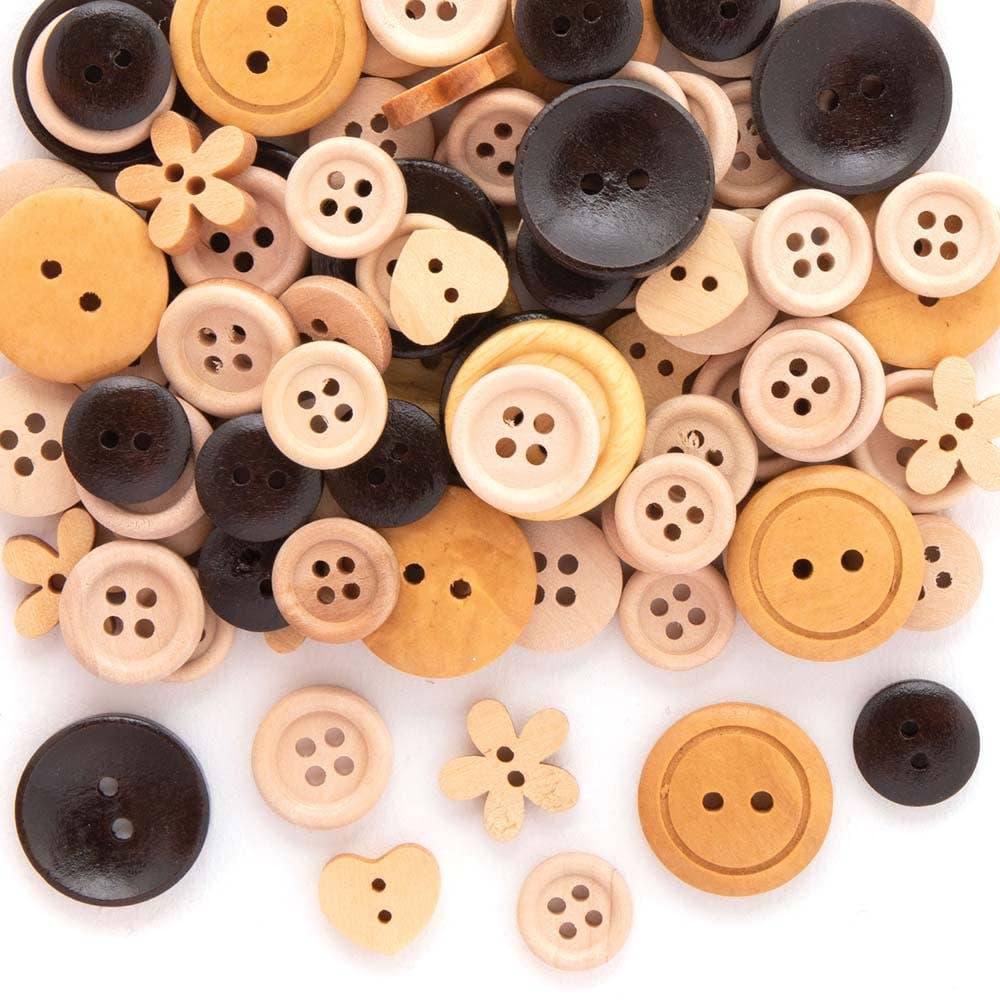 Wooden Buttons Assortment (Pack of 120) Craft Embellishments 3 varnish finishes - None, Light & Dark