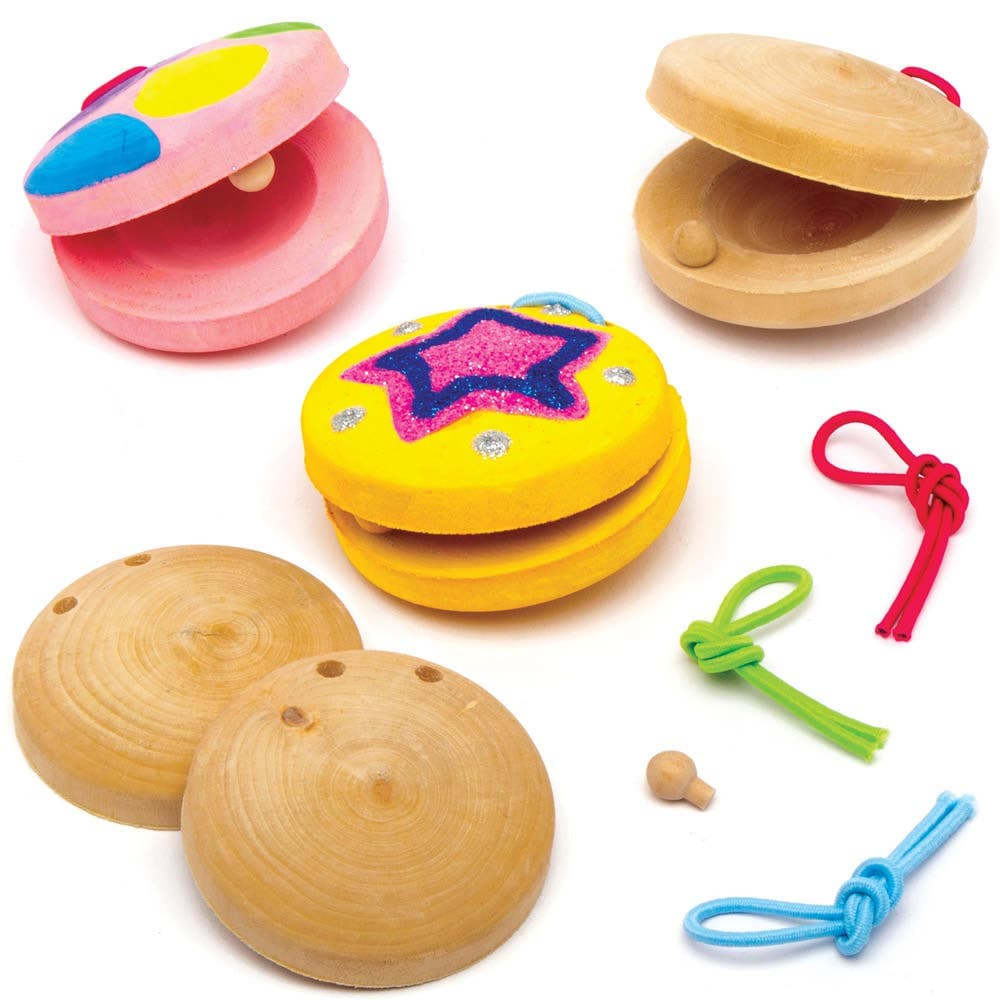 Wooden Castanet Kits (Pack of 3) Art Craft Kits 3 assorted cord colours - Pink, Green & Blue