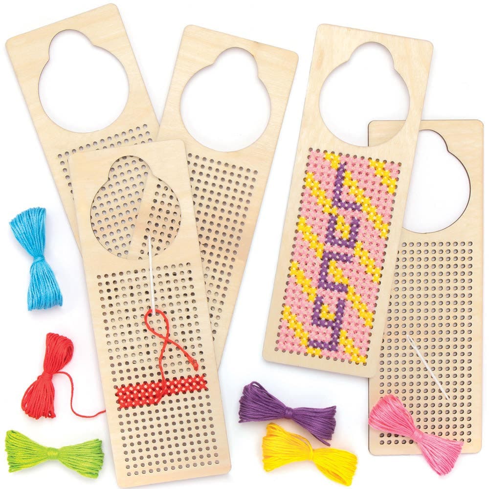 Wooden Door Hanger Cross Stitch Kits (Pack of 4) Sewing & Weaving Craft Kits 6 assorted thread colours - Red, Yellow, Blue, Green, Purple & Pink