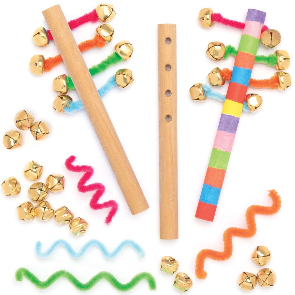 Wooden Hand Bell Kits (Pack of 4) Wooden Stick, Bells & Pipe Cleaners Included, Size 16cm