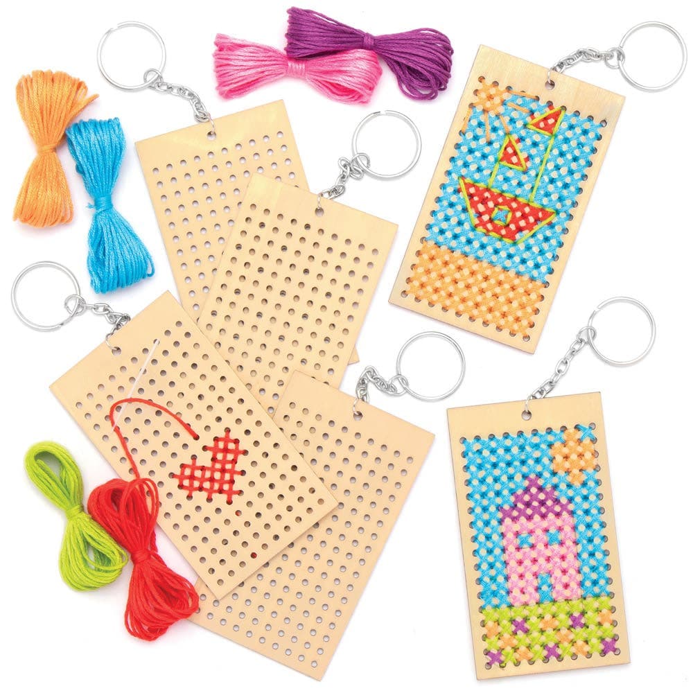 Wooden Keyring Cross Stitch Kits (Pack of 5) Pre-Punched Design & Metal Keyring Included, Great For Beginners