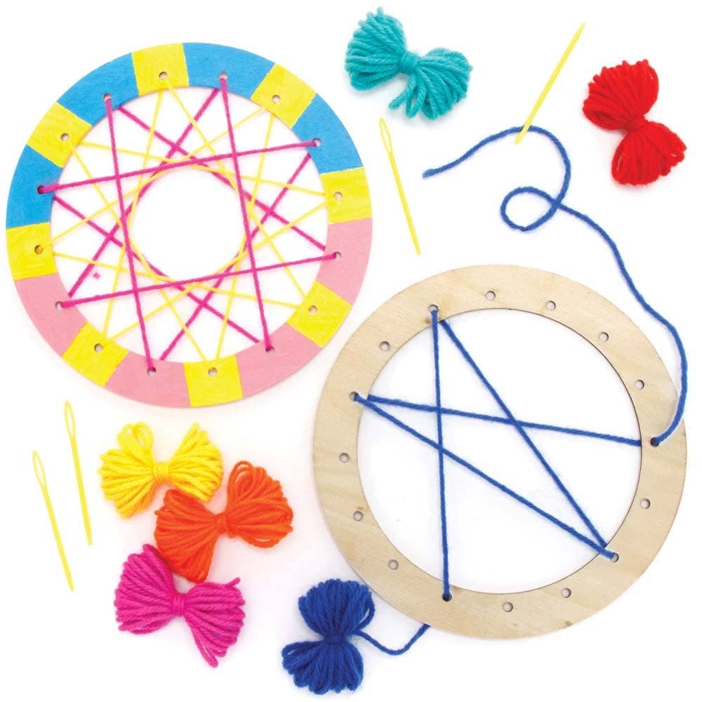 Wooden String Art Circle Kits (Pack of 5) Sewing & Weaving Craft Kits, 6 Wool Colours, 16.5cm Diameter