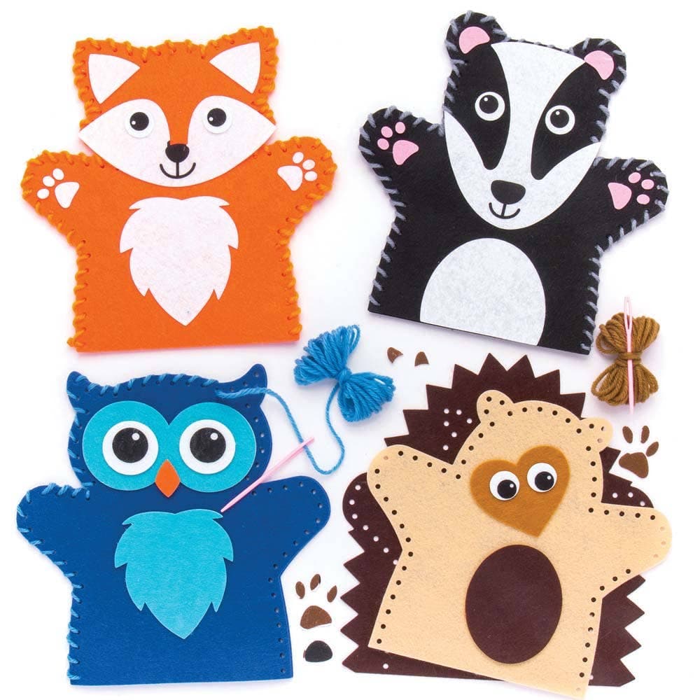 Woodland Animal Hand Puppet Sewing Kits (Pack of 4) 4 Designs Badger, Hedgehog, Owl & Fox, Beginners Sewing Kits