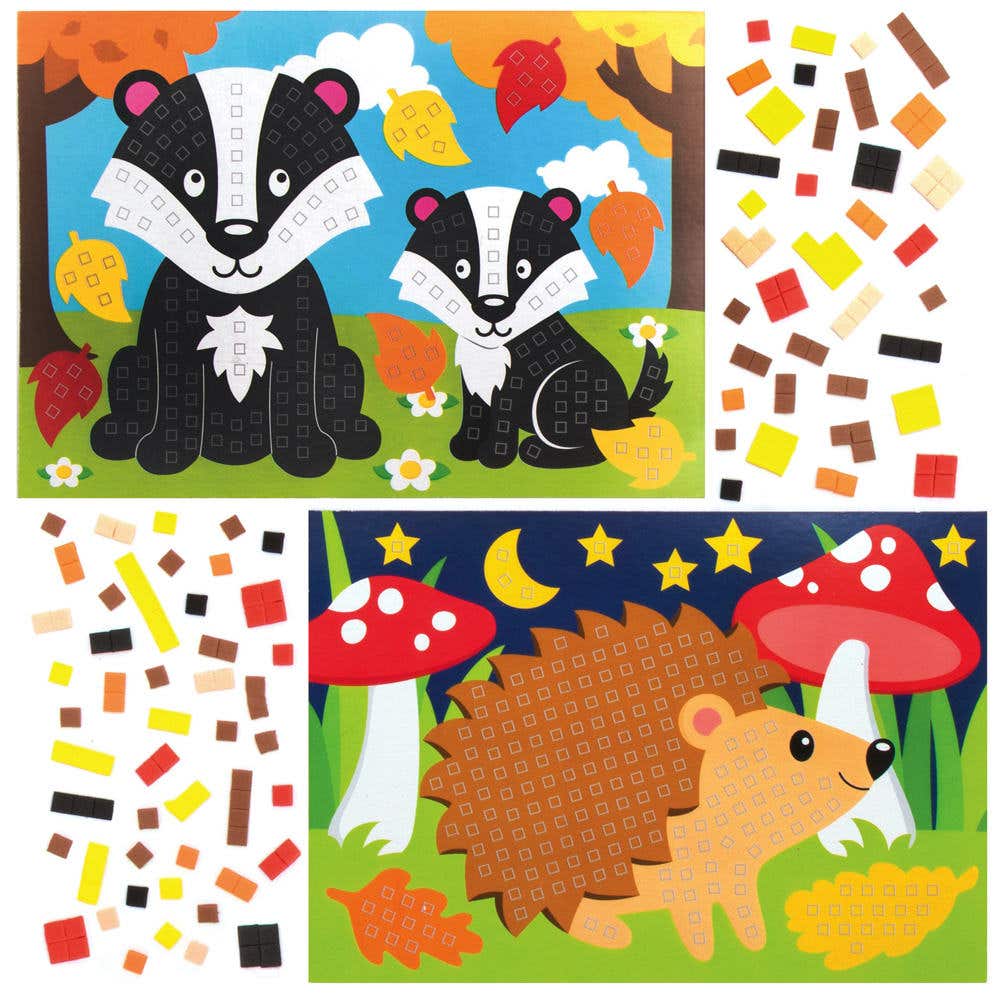 Woodland Animal Mosaic Picture Kits (Pack of 4) Craft Kits, Card & Foam, 4 Designs - Owl, Deer, Badger, Hedgehog